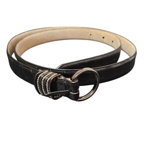 Womens‎ Black Embossed Crocodile Genuine Leather Belt Silver Tone Buckle Accent